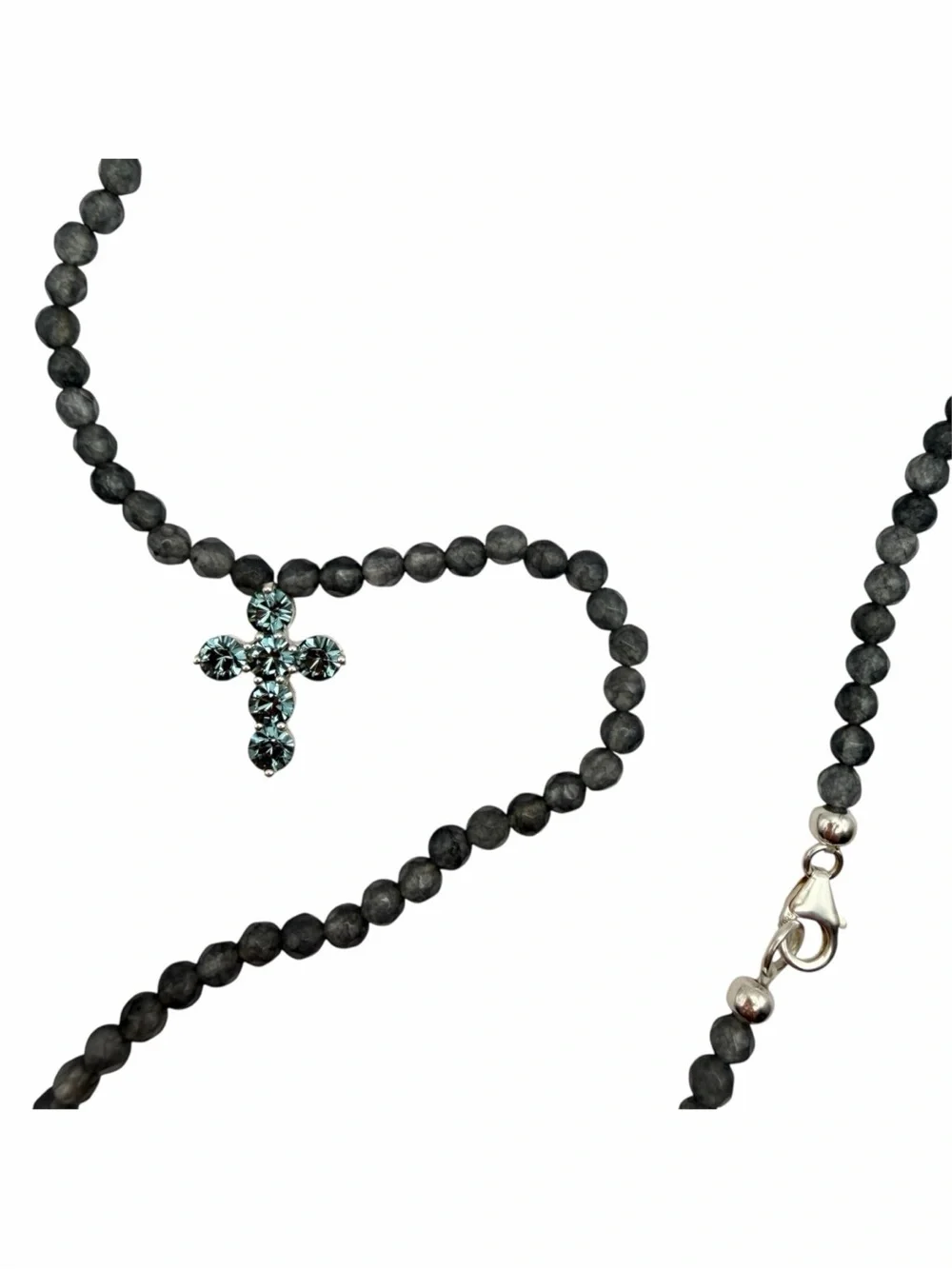 Vintage NOS 925 Sterling Silver Swarovski Crystal Cross Gray Beaded Necklace